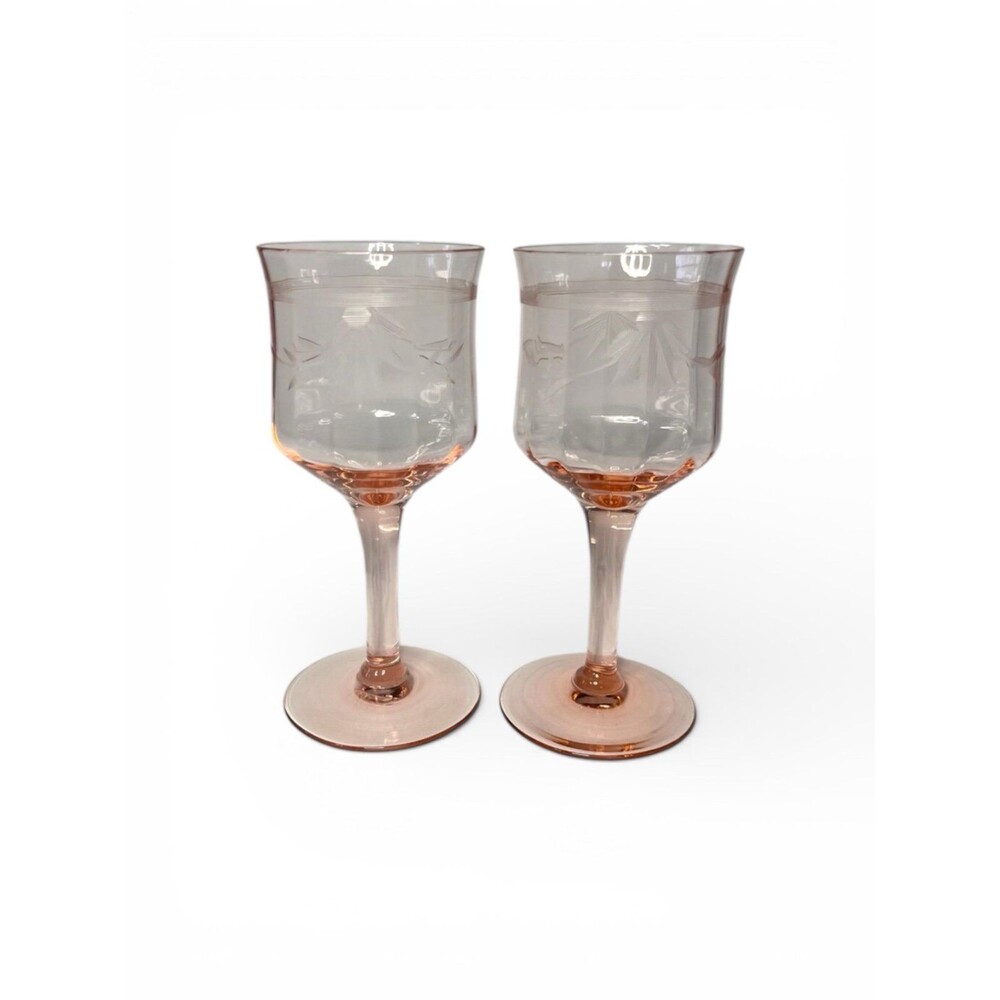 Set of 7 Morgantown Pink Depression Glass Wine Goblets Grape Vine Etched